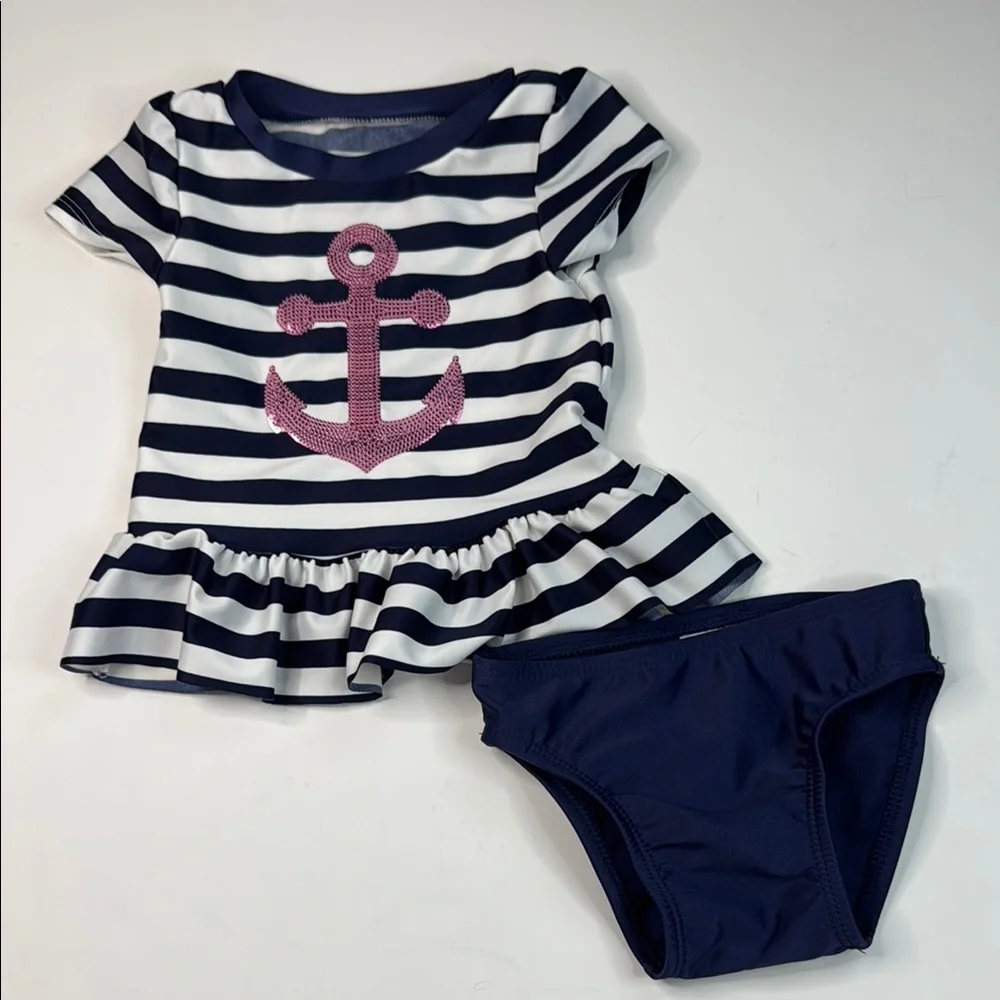 Cat & Jack‎ Baby Girls Navy and White Striped Nautical Swimsuit Size 12 Months